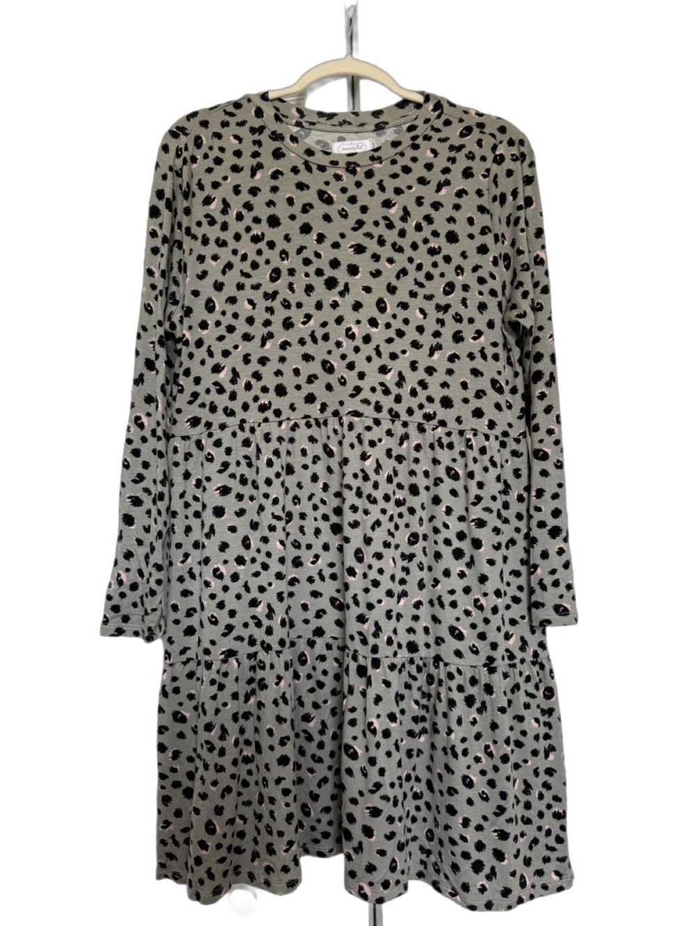 Long Sleeve Tiered Dress - Leopard Print Gray with Pink Accents
